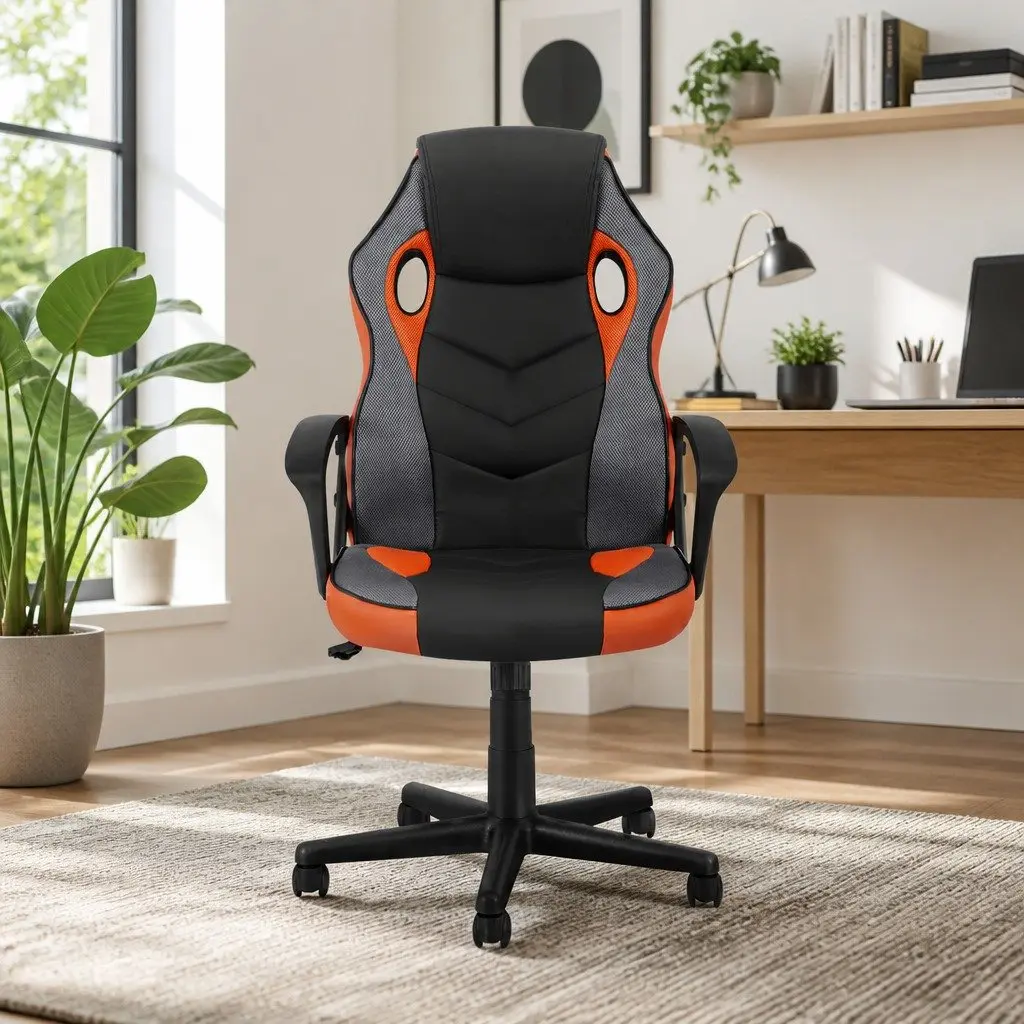Gaming Office Chair High Back Orange PU Leather and Mesh Adjustable