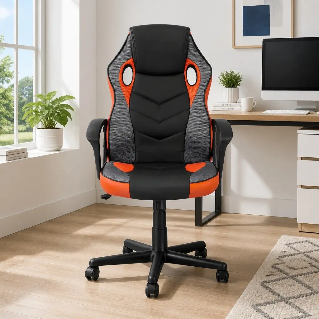 Gaming Office Chair High Back Orange PU Leather and Mesh Adjustable