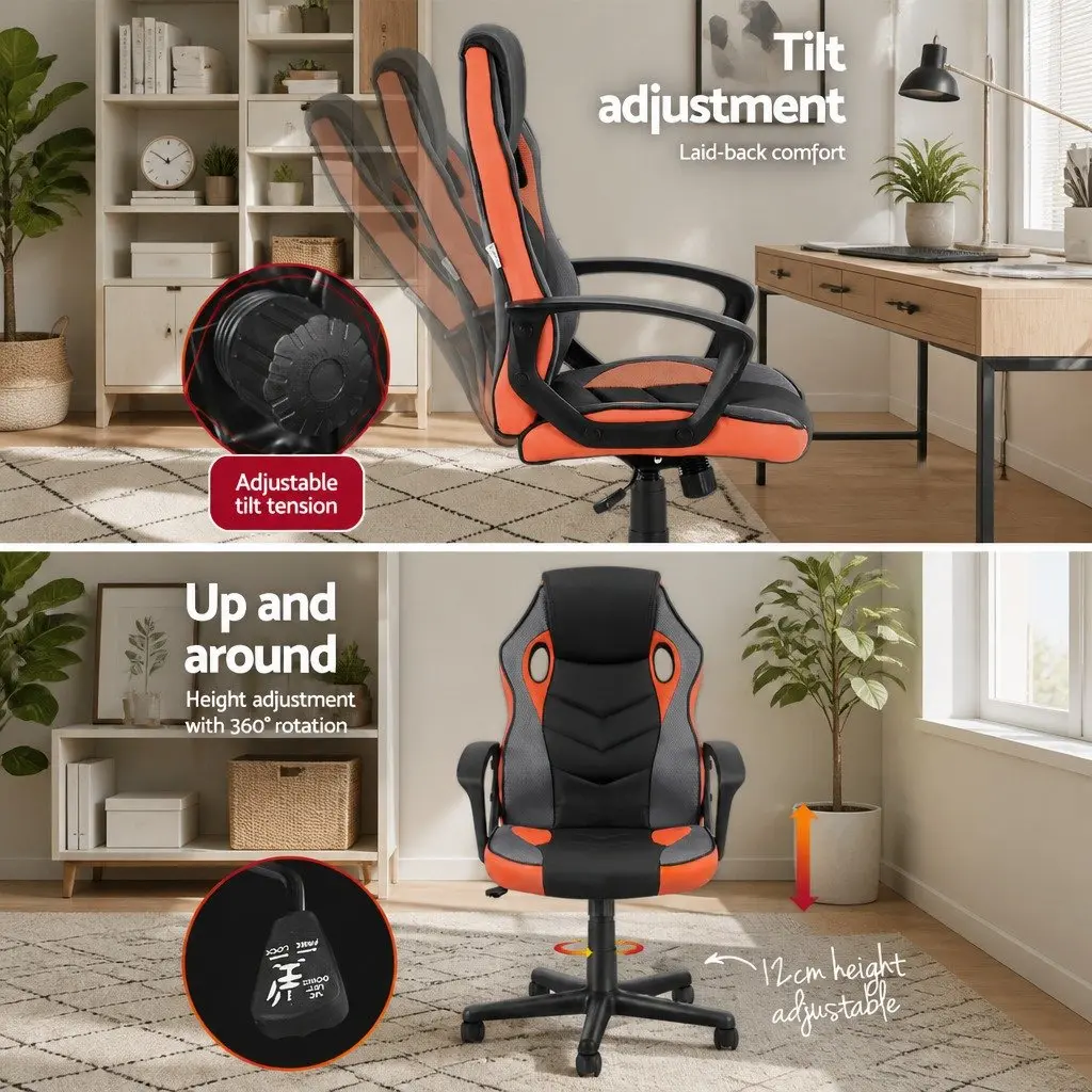 Gaming Office Chair High Back Orange PU Leather and Mesh Adjustable