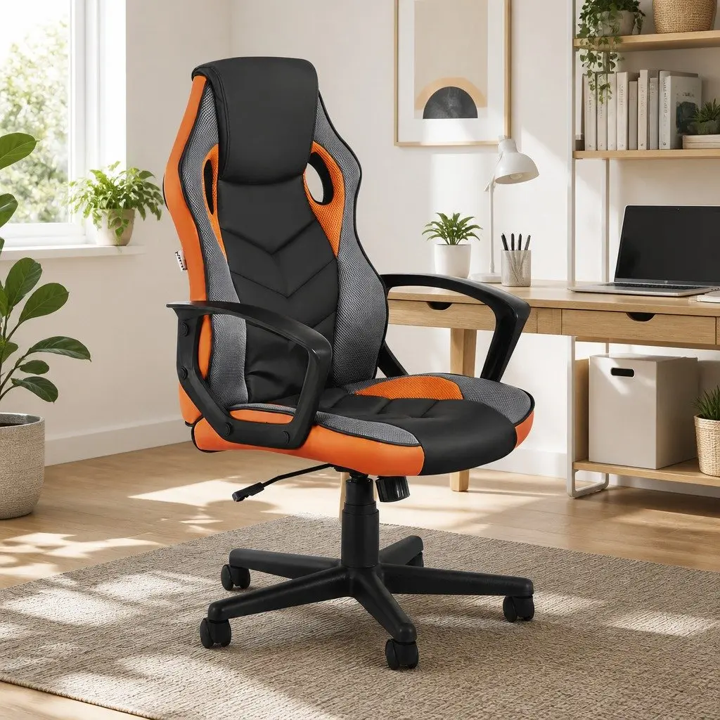 Gaming Office Chair High Back Orange PU Leather and Mesh Adjustable