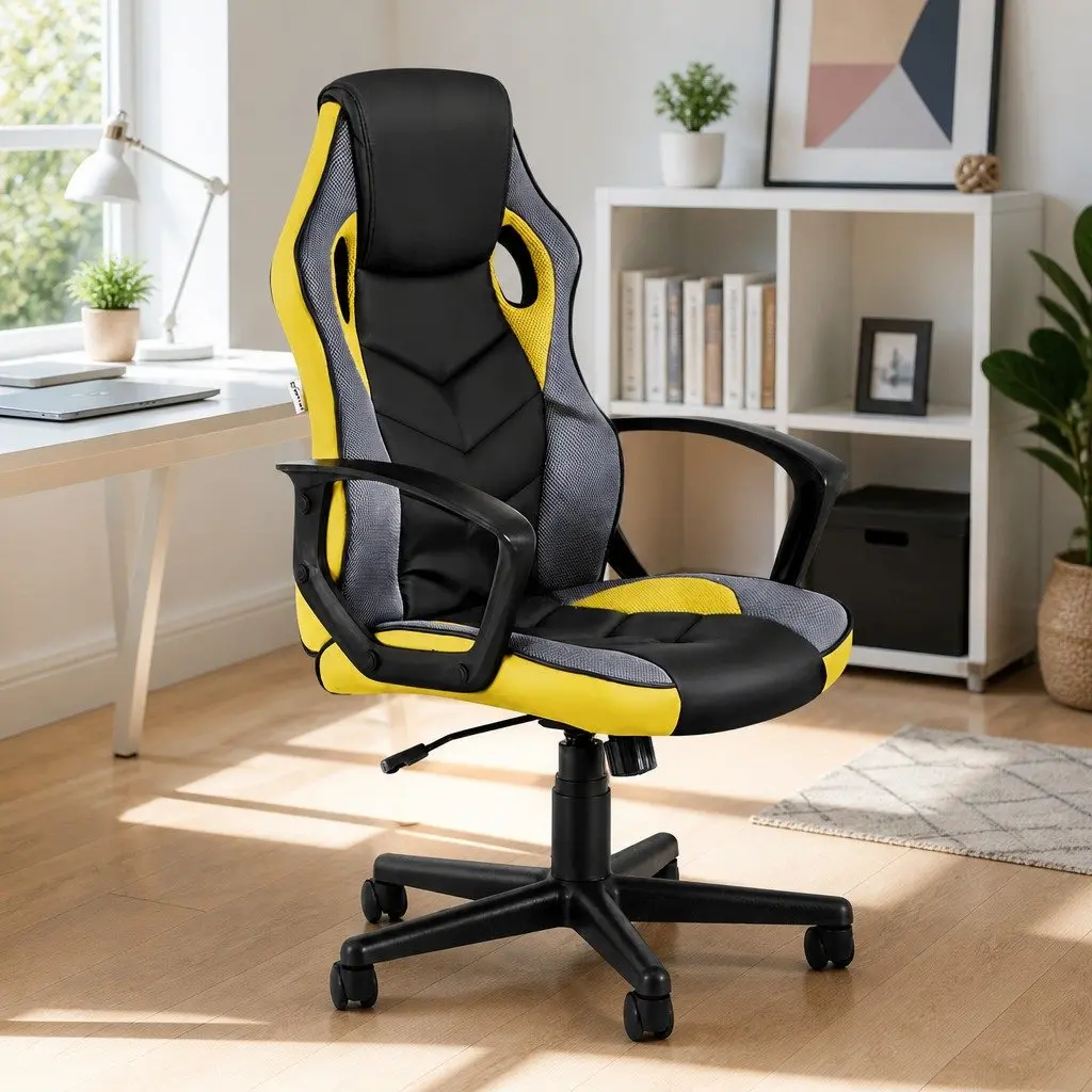 High Back Gaming Chair Yellow PU Leather Mesh Fabric Ergonomic Office Seat