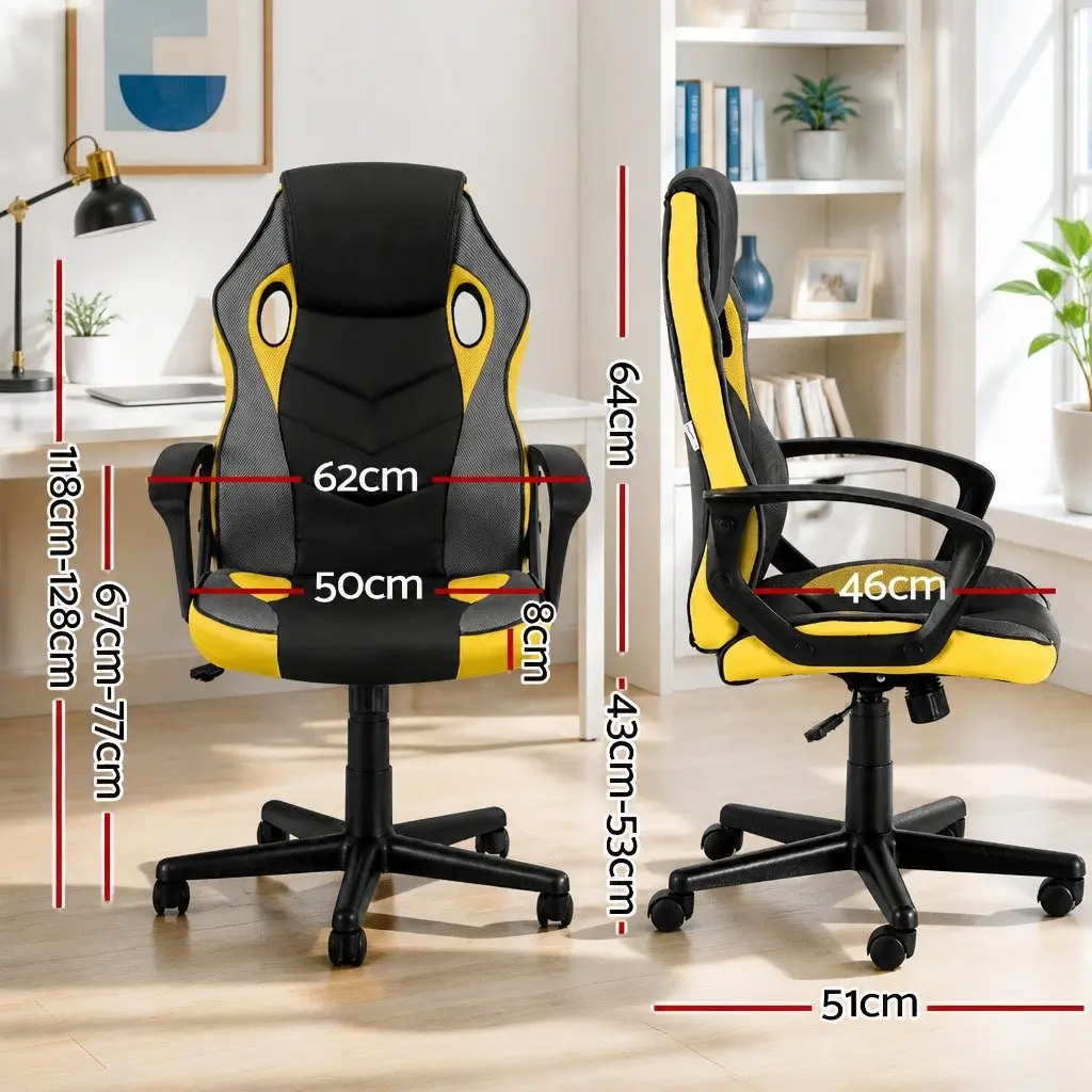 High Back Gaming Chair Yellow PU Leather Mesh Fabric Ergonomic Office Seat