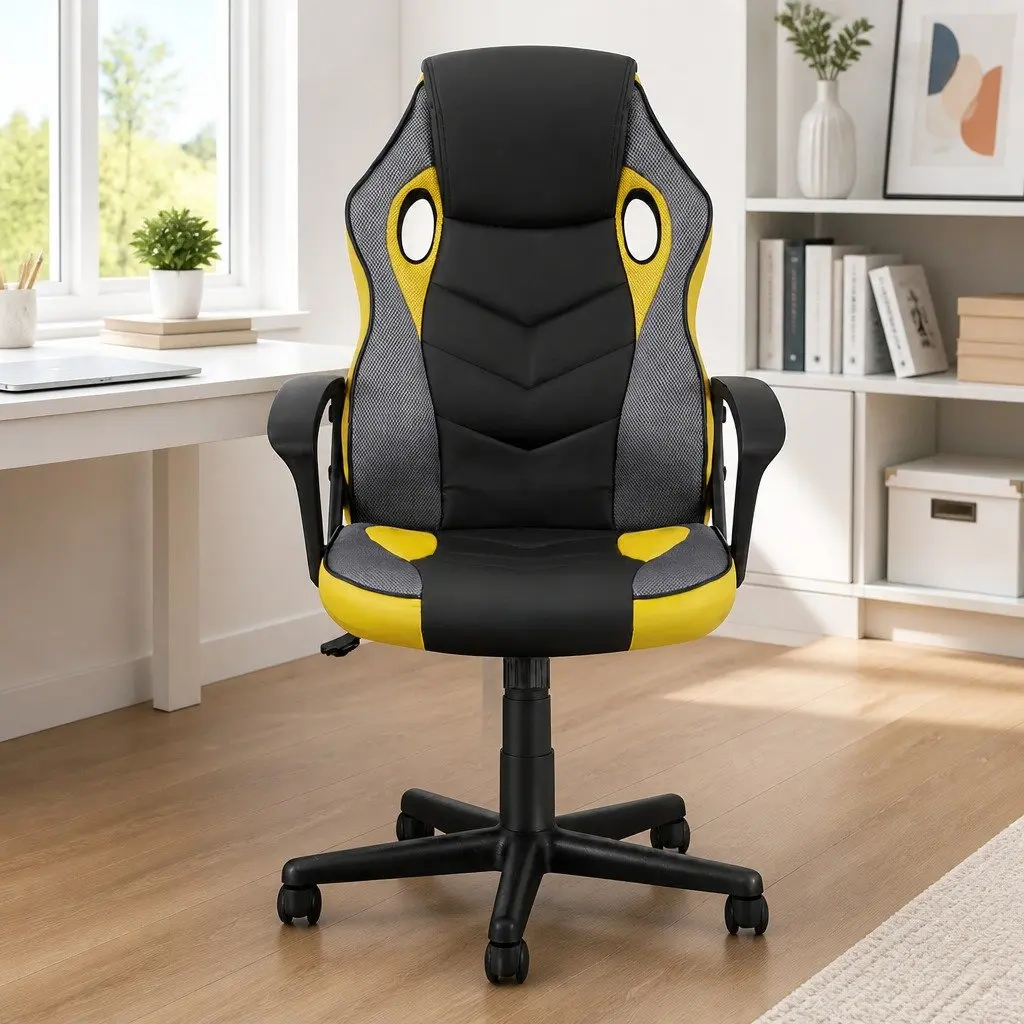 High Back Gaming Chair Yellow PU Leather Mesh Fabric Ergonomic Office Seat