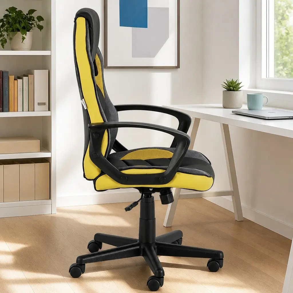 High Back Gaming Chair Yellow PU Leather Mesh Fabric Ergonomic Office Seat