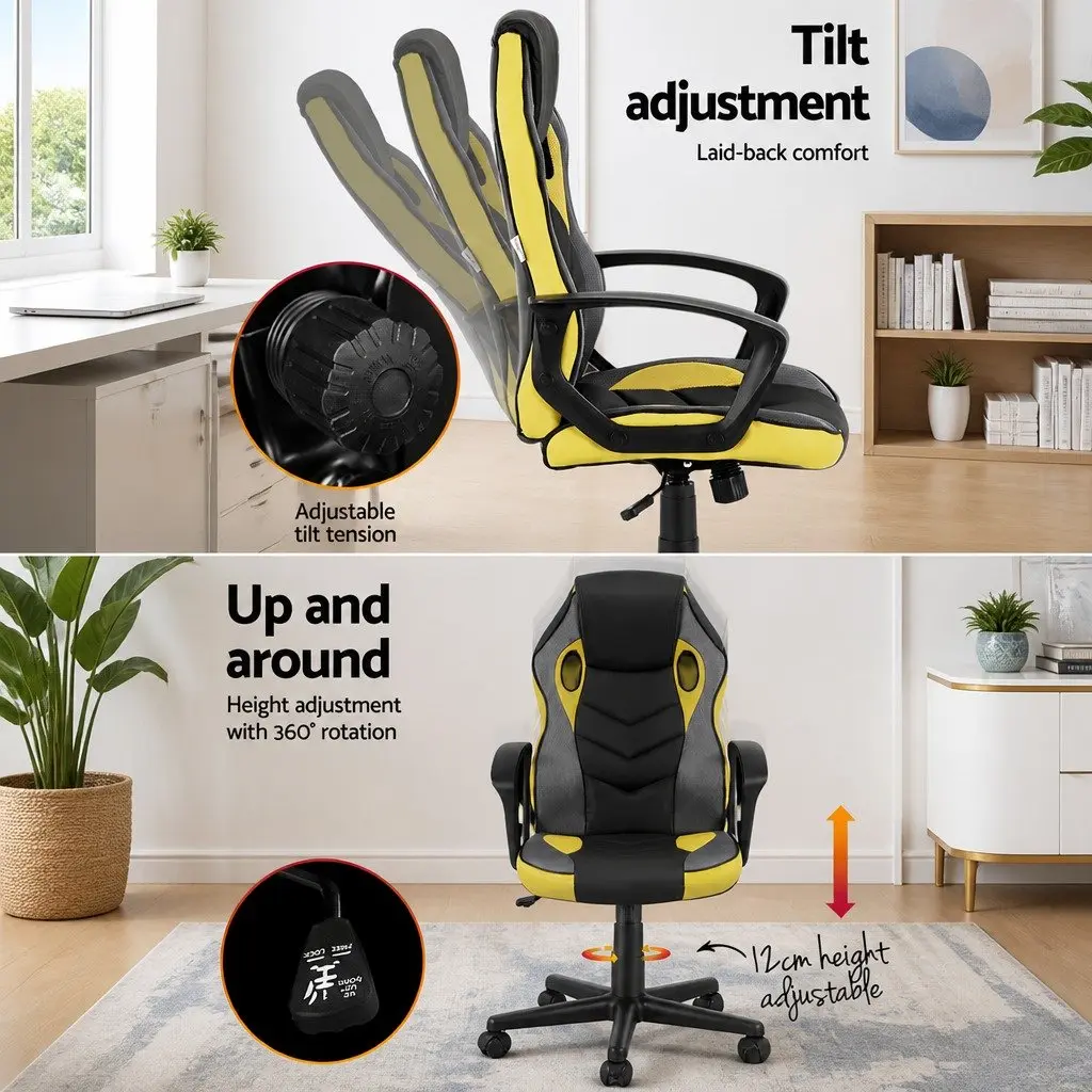 High Back Gaming Chair Yellow PU Leather Mesh Fabric Ergonomic Office Seat