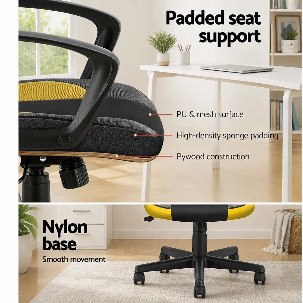 High Back Gaming Chair Yellow PU Leather Mesh Fabric Ergonomic Office Seat