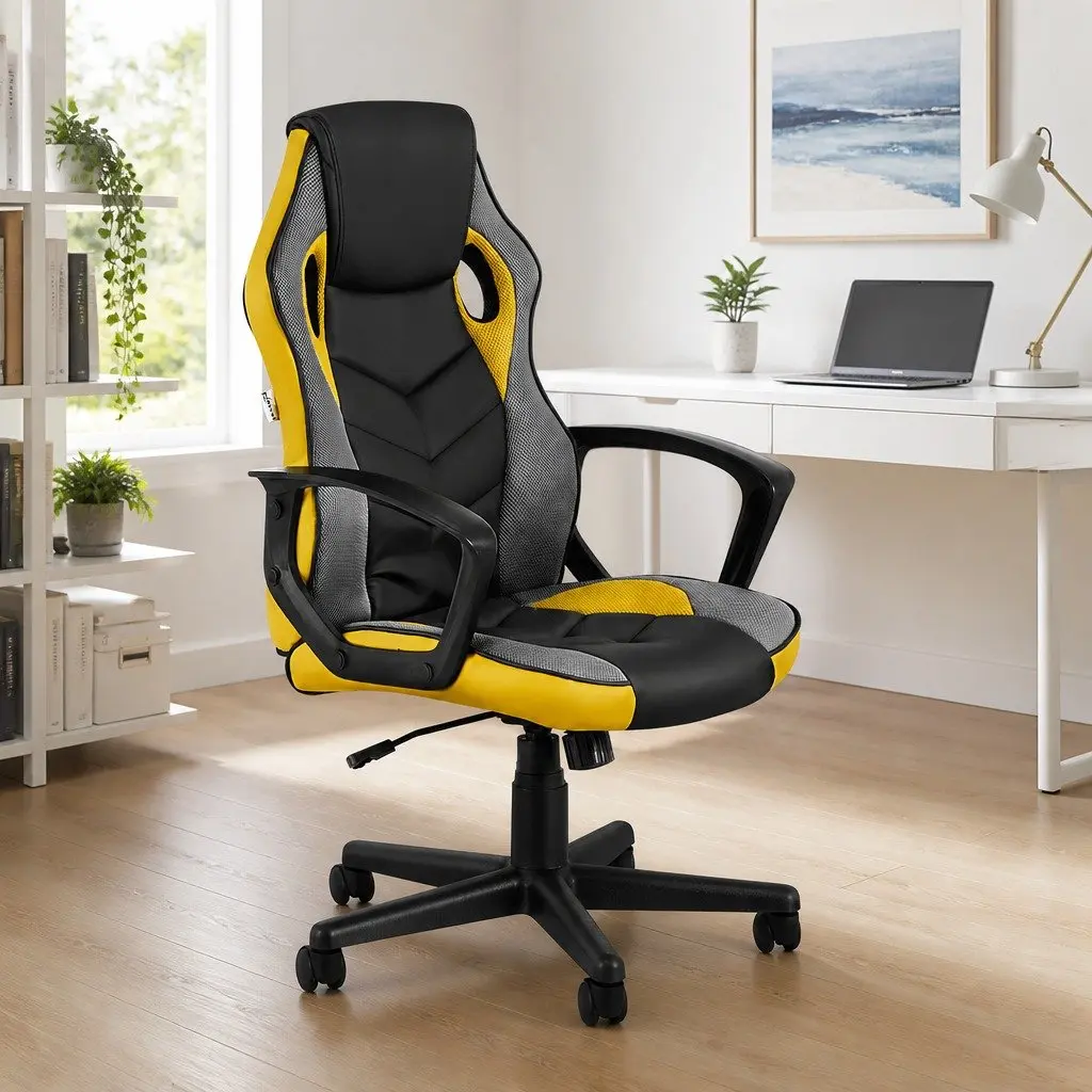 High Back Gaming Chair Yellow PU Leather Mesh Fabric Ergonomic Office Seat
