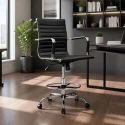 Contemporary Black PU Leather Drafting Stool