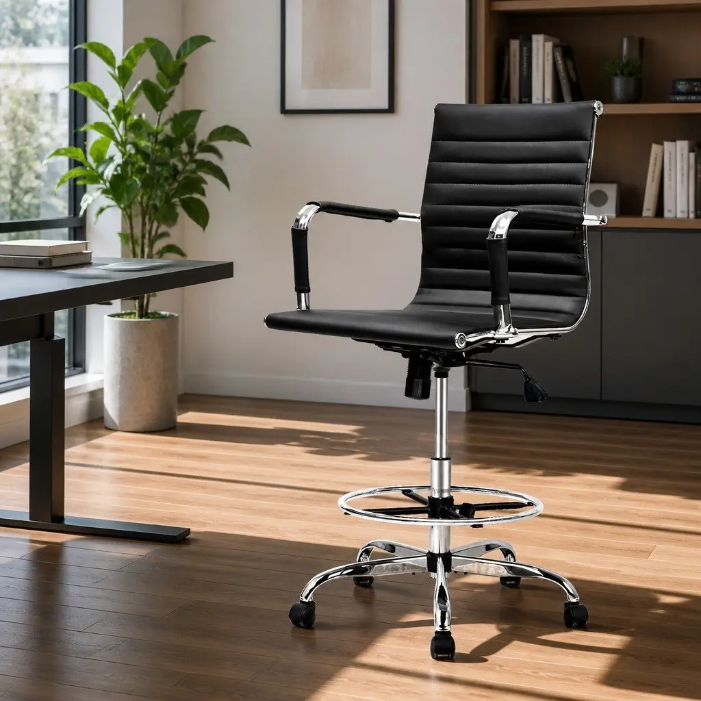 Black PU Leather Drafting Stool