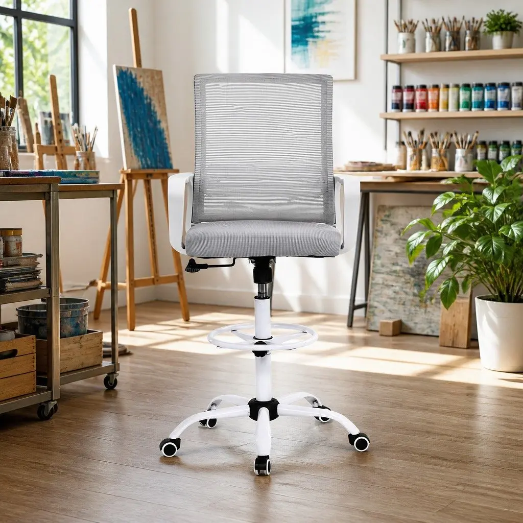 Office Drafting Chair White Mesh Height Adjustable Chrome Base