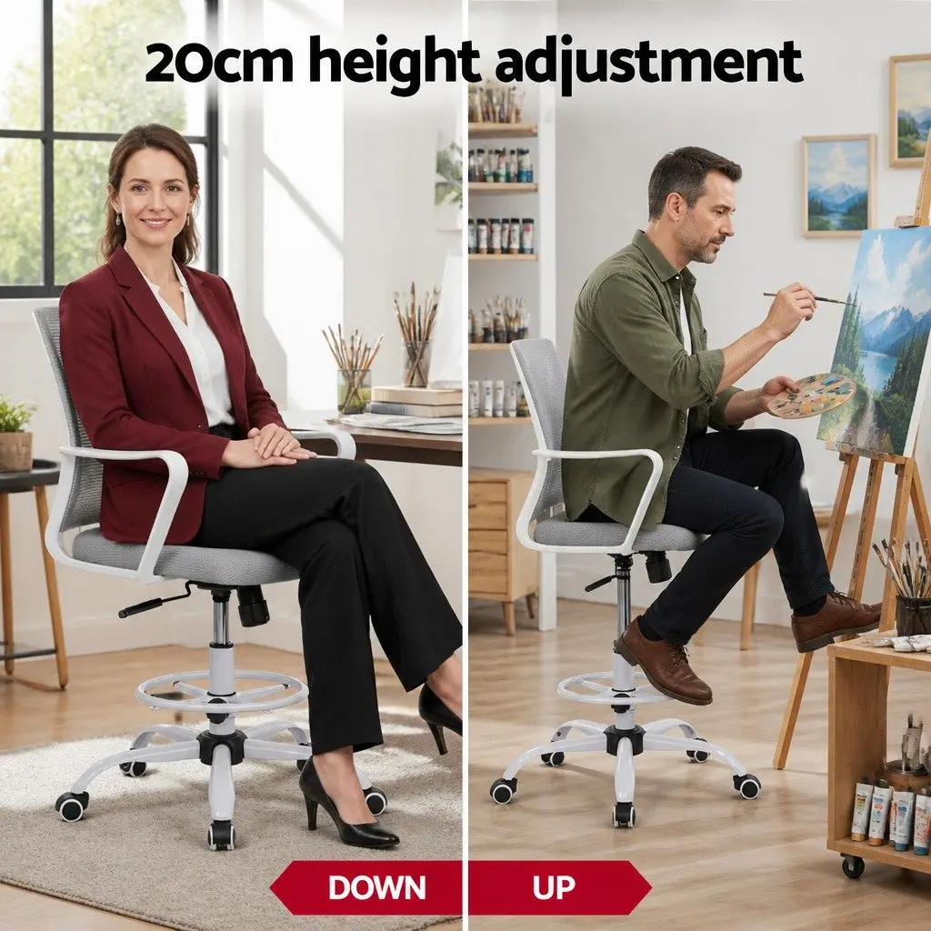 Office Drafting Chair White Mesh Height Adjustable Chrome Base