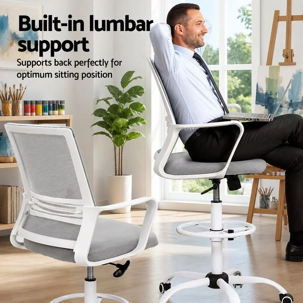 Office Drafting Chair White Mesh Height Adjustable Chrome Base