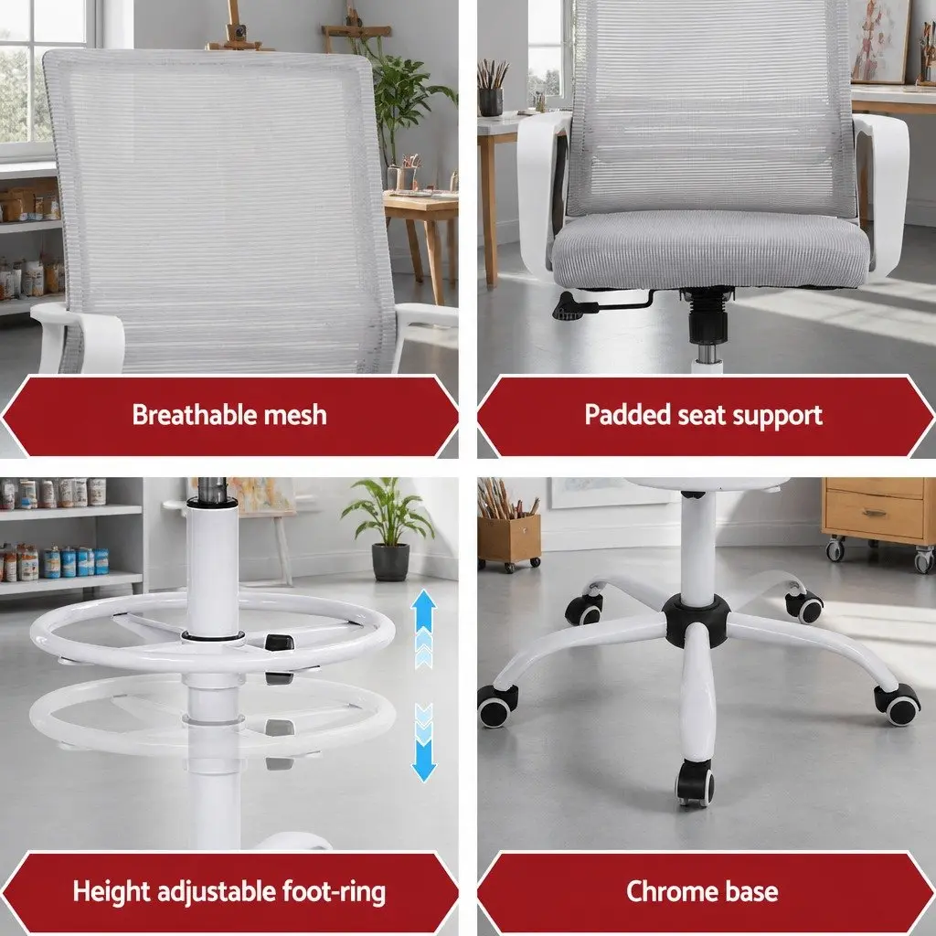 Office Drafting Chair White Mesh Height Adjustable Chrome Base