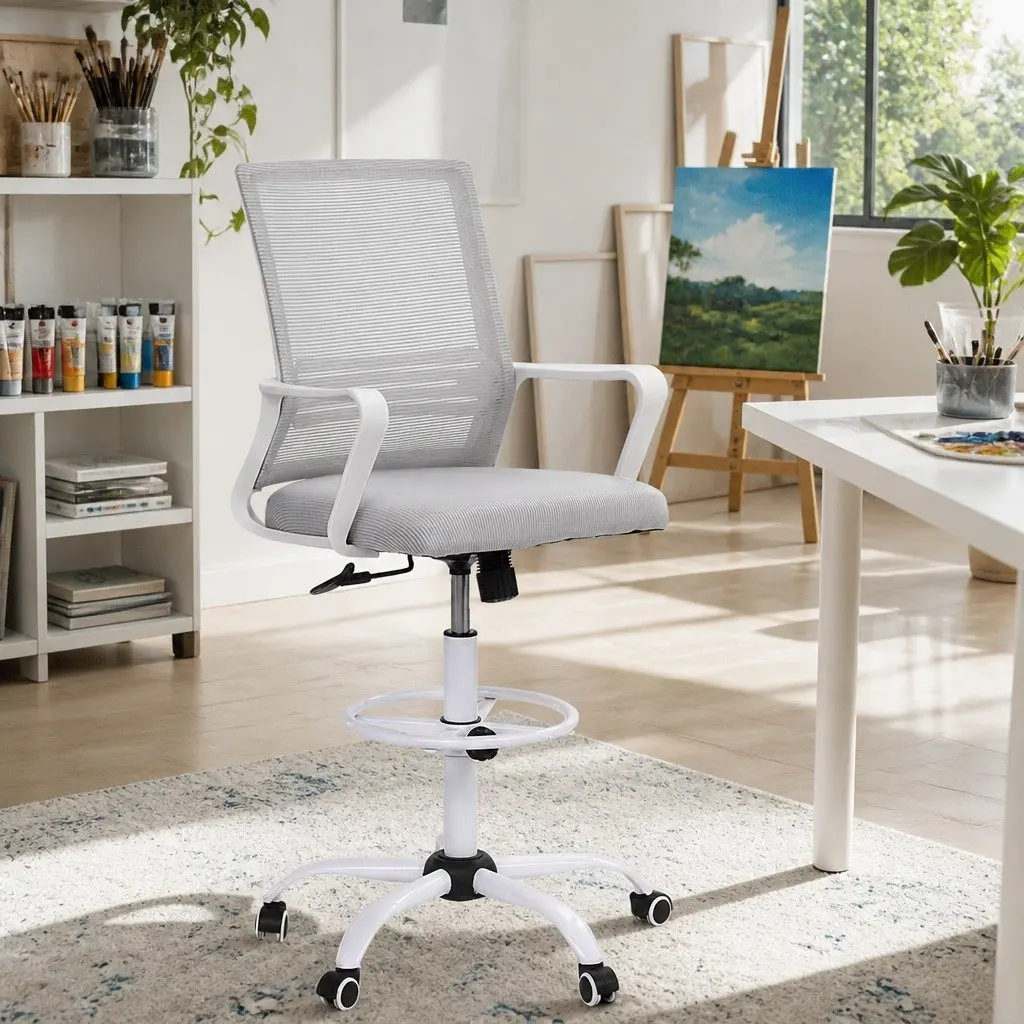 Office Drafting Chair White Mesh Height Adjustable Chrome Base