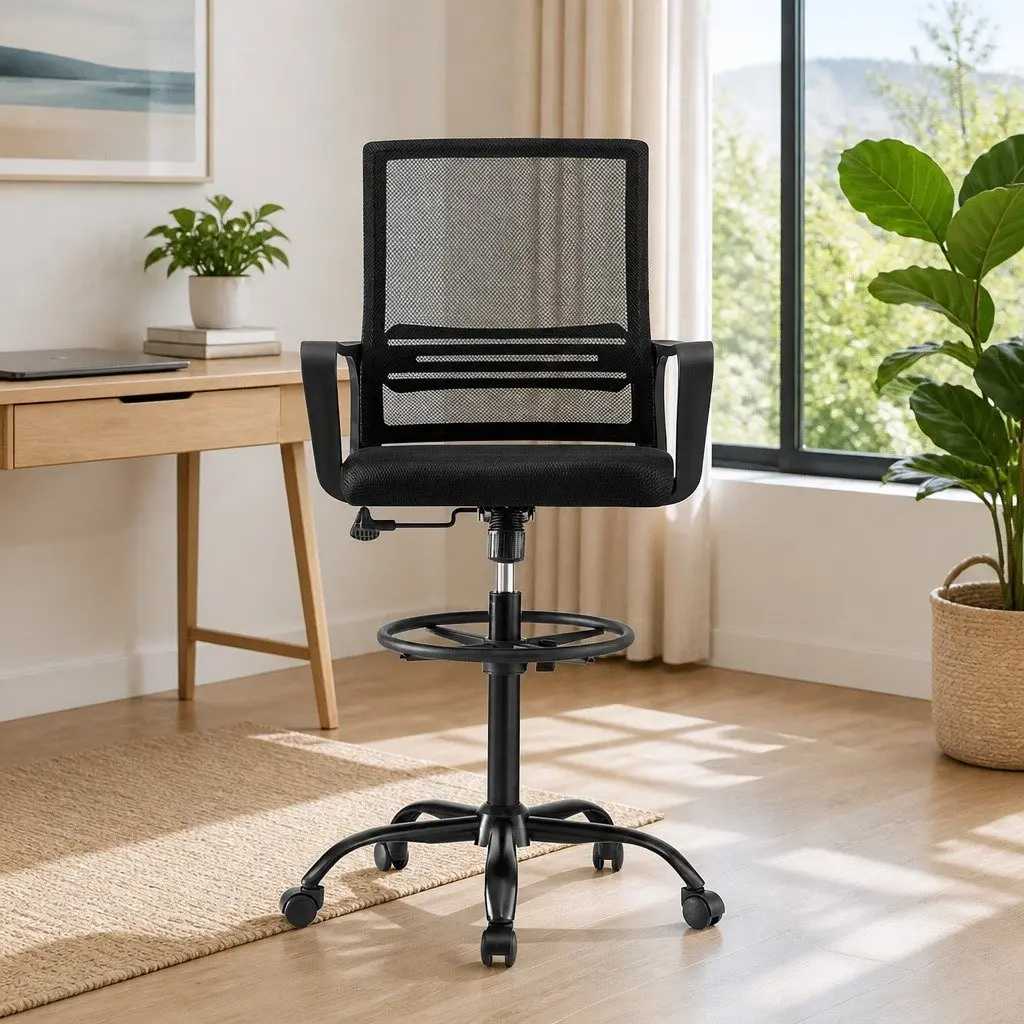Drafting Chair Mesh Adjustable Height Swivel Black Chrome