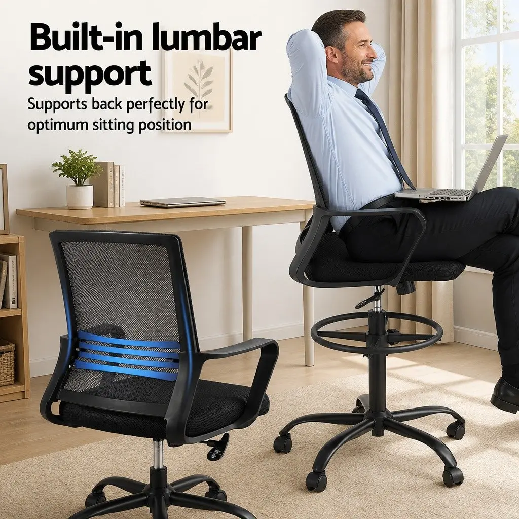 Drafting Chair Mesh Adjustable Height Swivel Black Chrome