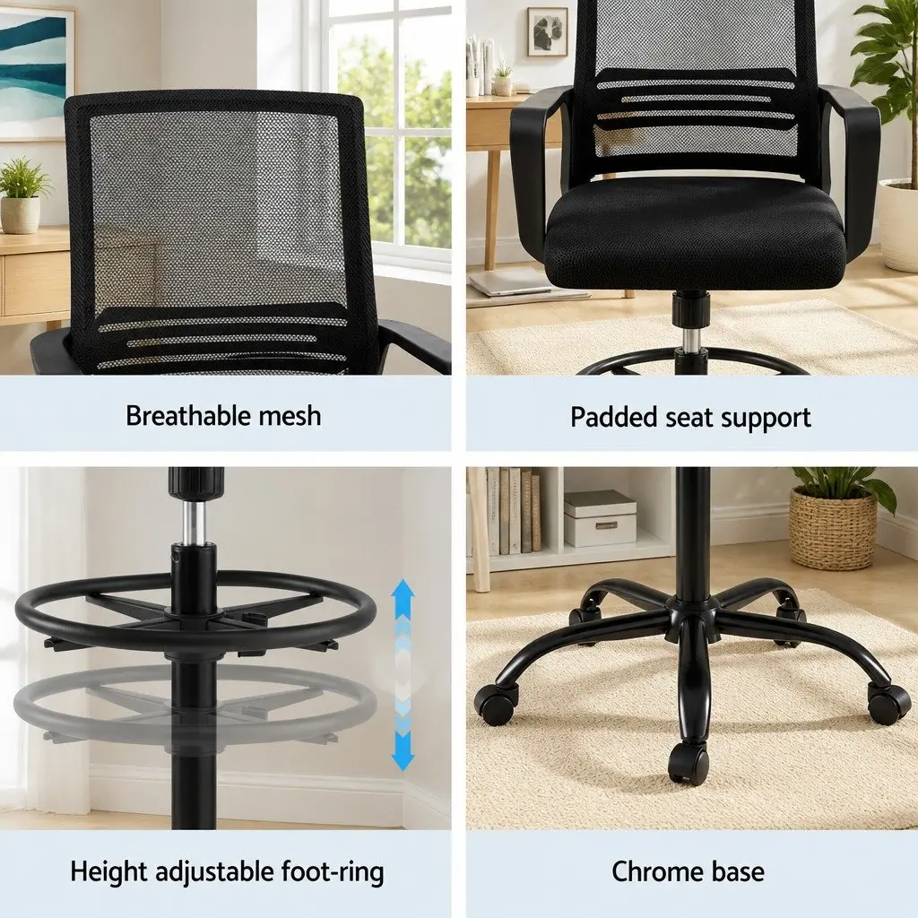 Drafting Chair Mesh Adjustable Height Swivel Black Chrome