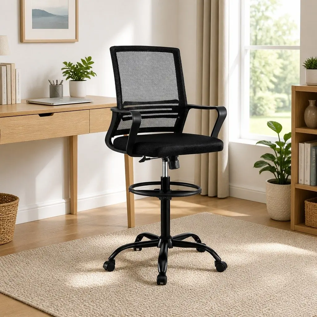 Drafting Chair Mesh Adjustable Height Swivel Black Chrome