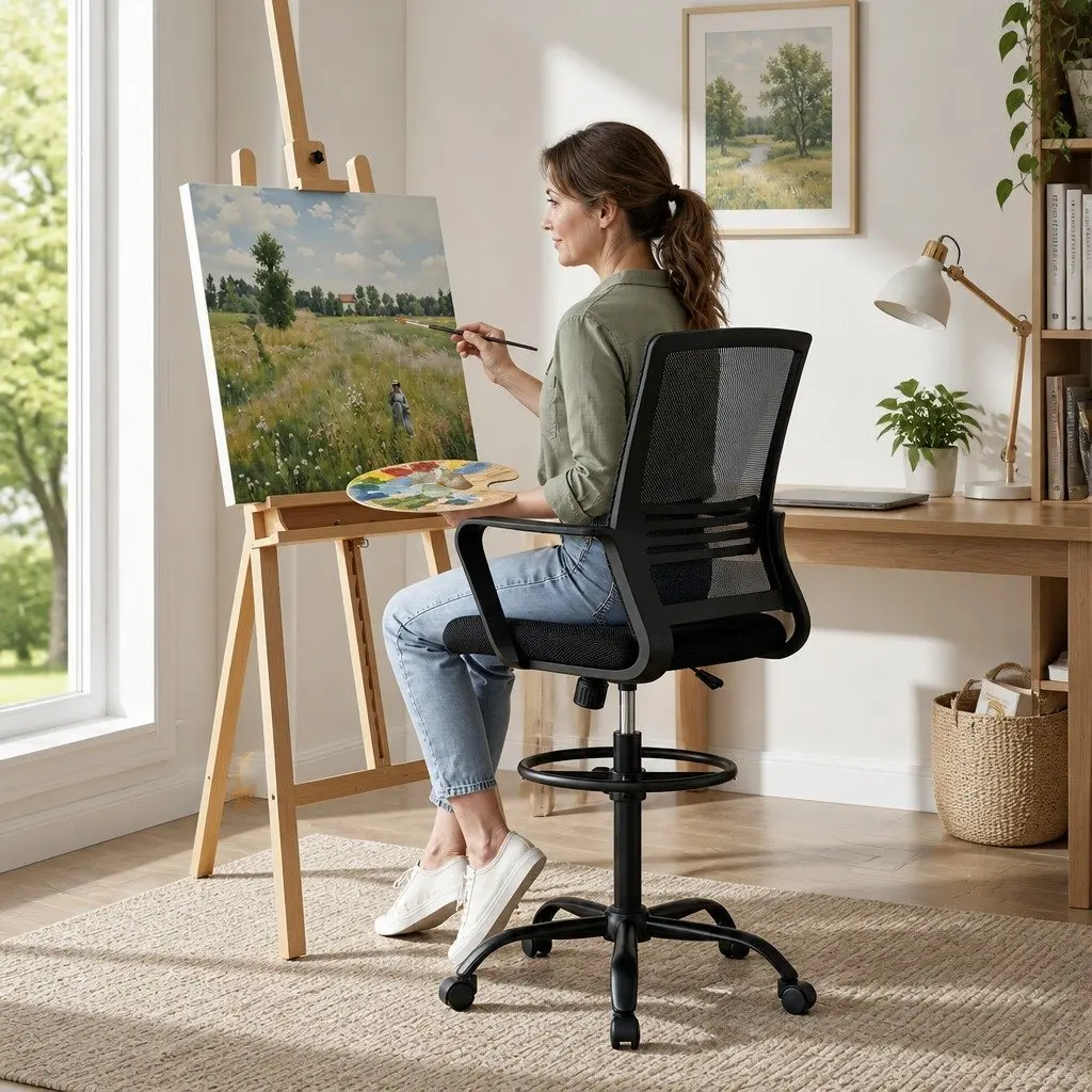 Drafting Chair Mesh Adjustable Height Swivel Black Chrome