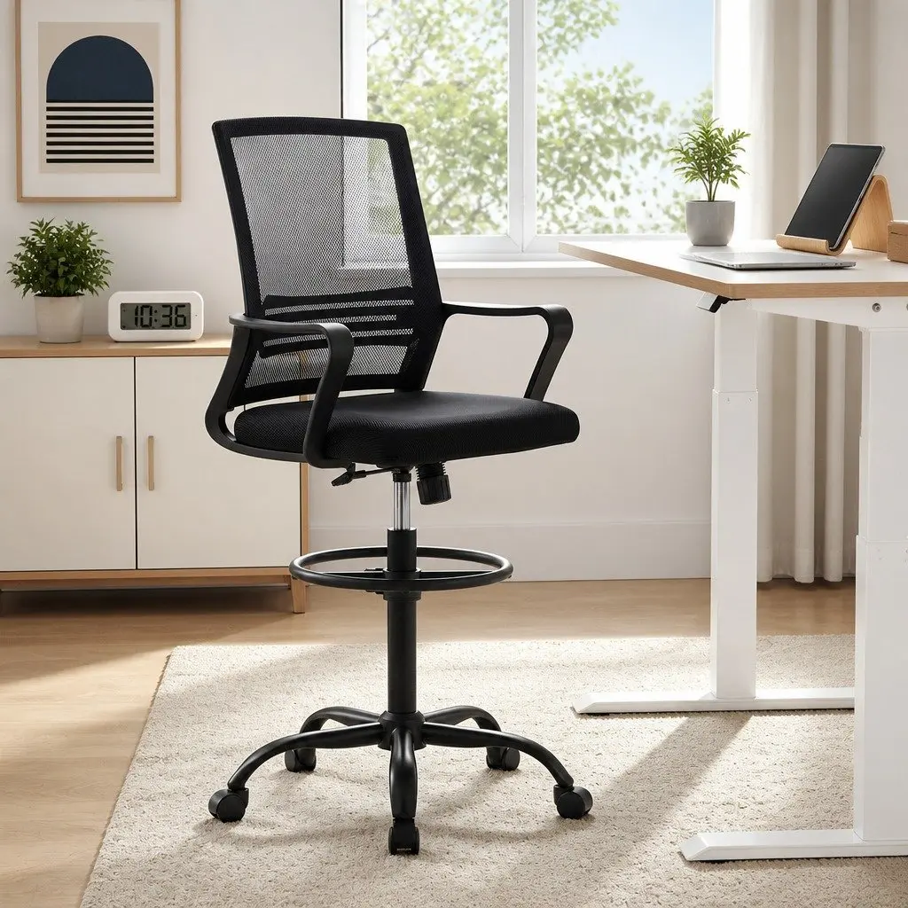 Drafting Chair Mesh Adjustable Height Swivel Black Chrome