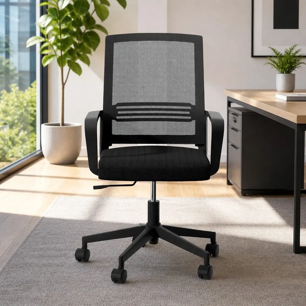 Mesh Office Chair Mid Back Black Padded Seat Adjustable Height Plastic Base