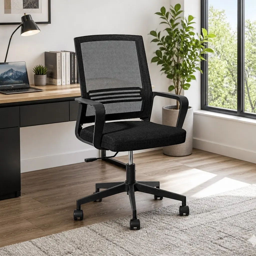 Mesh Office Chair Mid Back Black Padded Seat Adjustable Height Plastic Base