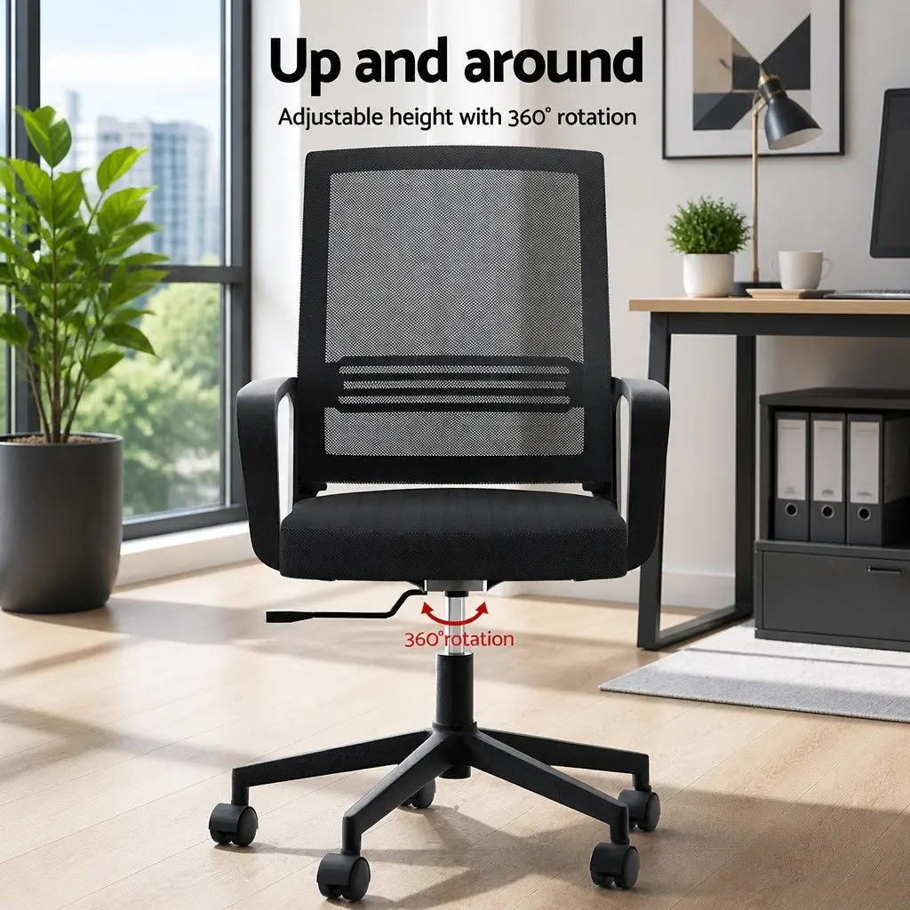 Mesh Office Chair Mid Back Black Padded Seat Adjustable Height Plastic Base