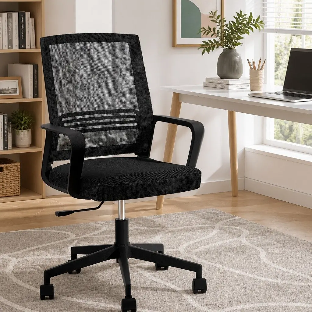 Mesh Office Chair Mid Back Black Padded Seat Adjustable Height Plastic Base