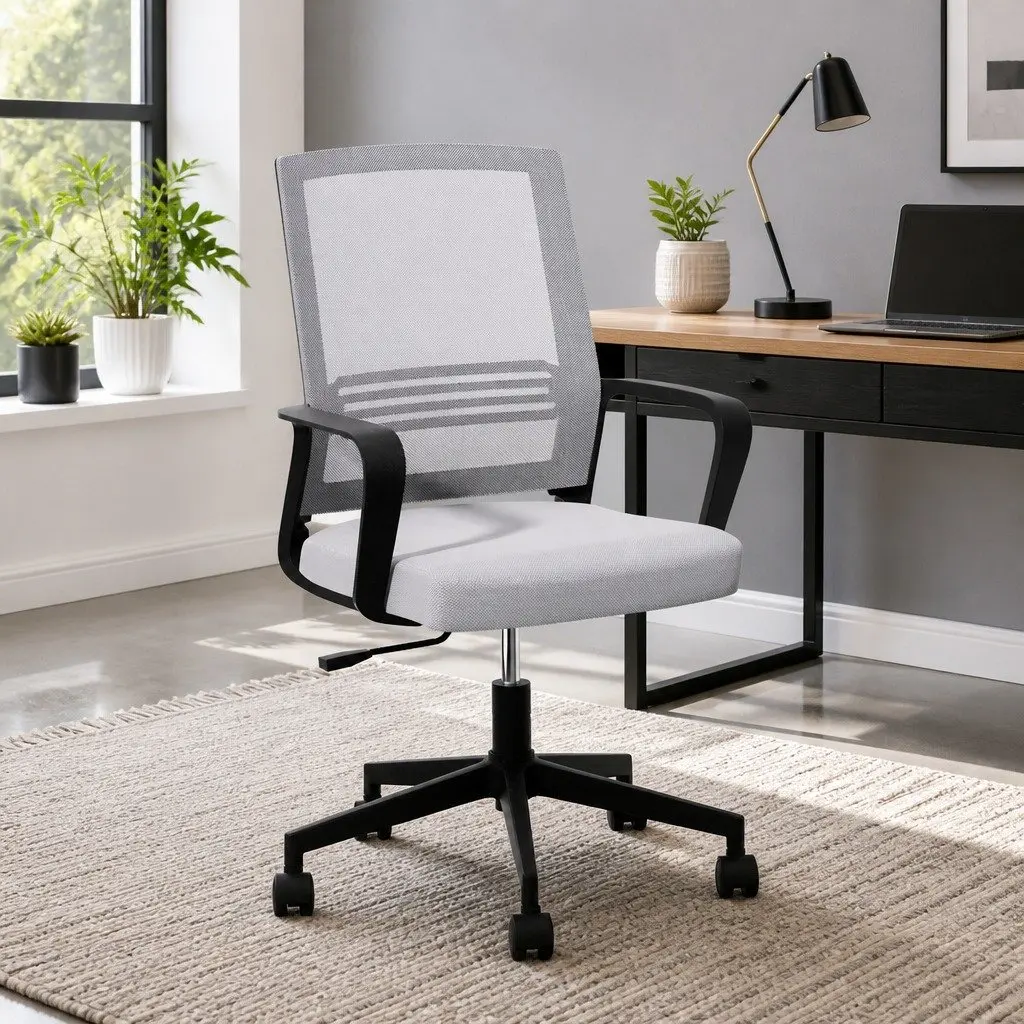 Office Chair Mesh Mid Back Grey Padded Seat Adjustable Height Plastic Base