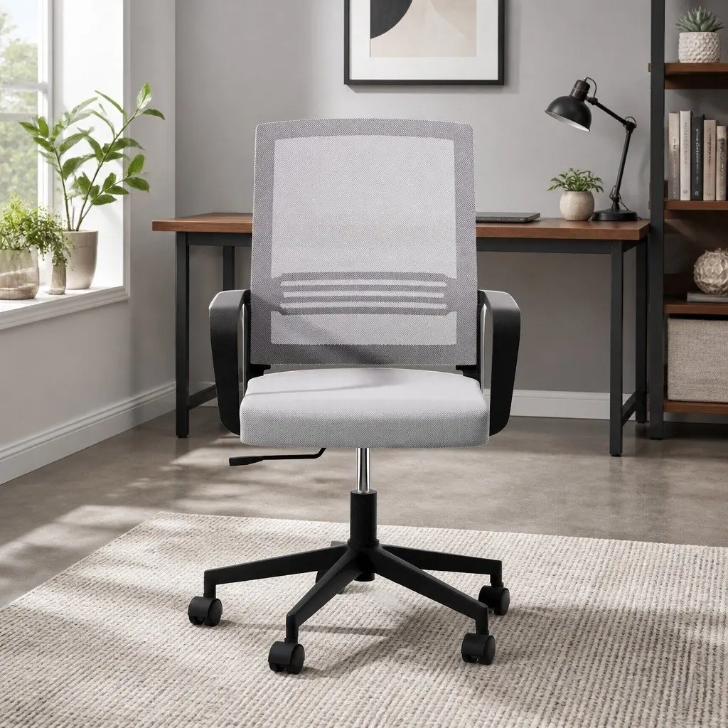 Office Chair Mesh Mid Back Grey Padded Seat Adjustable Height Plastic Base
