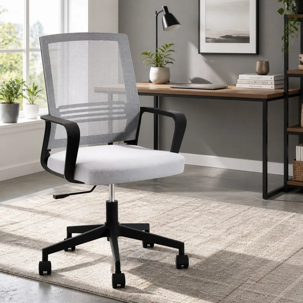Office Chair Mesh Mid Back Grey Padded Seat Adjustable Height Plastic Base