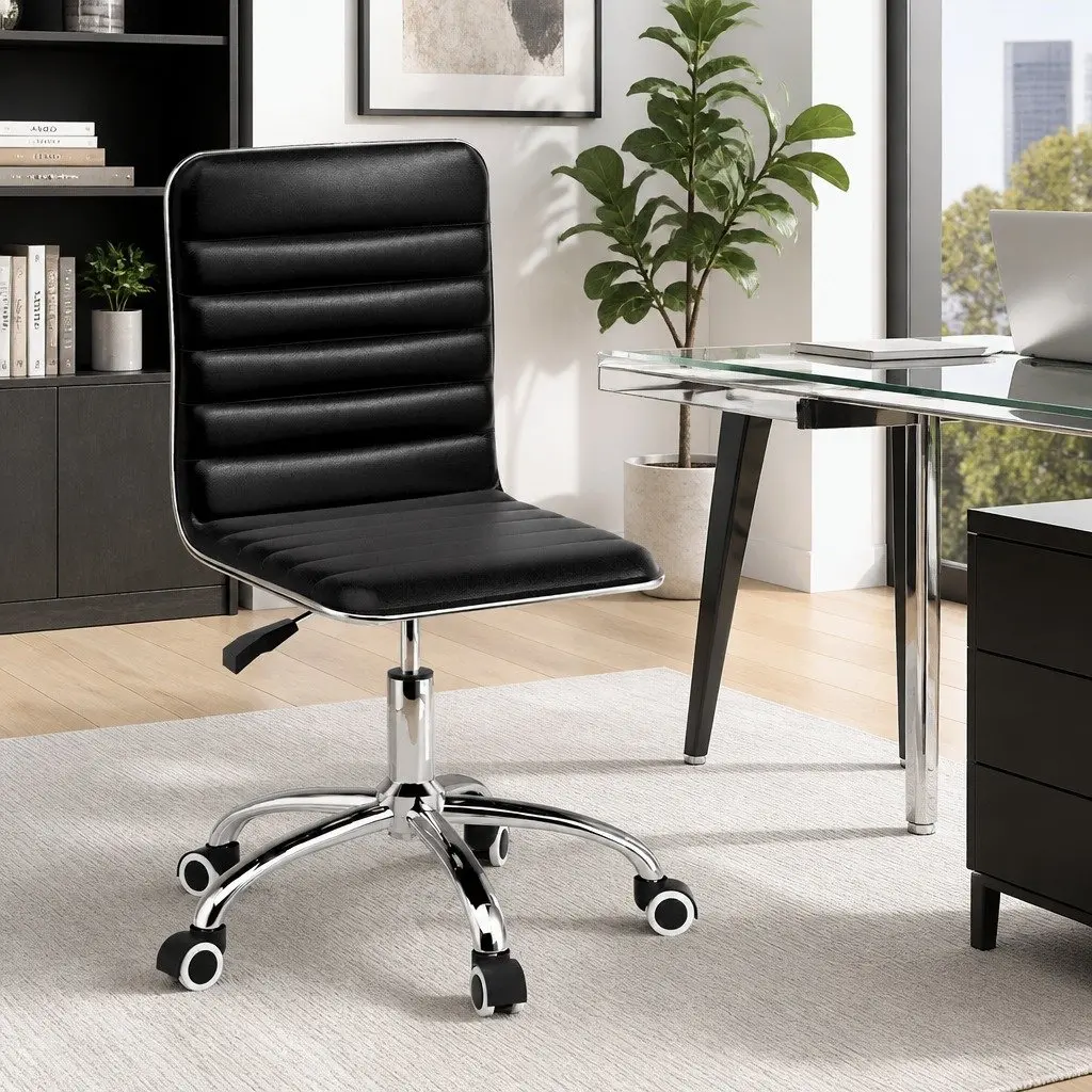 Office Chair Low Back Padded Swivel Desk Chair Black PU Leather