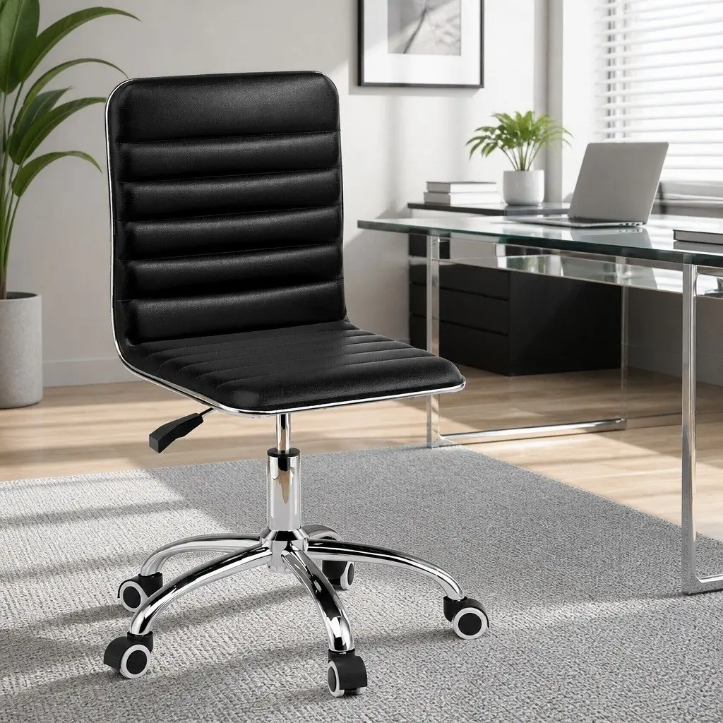 Office Chair Low Back Padded Swivel Desk Chair Black PU Leather