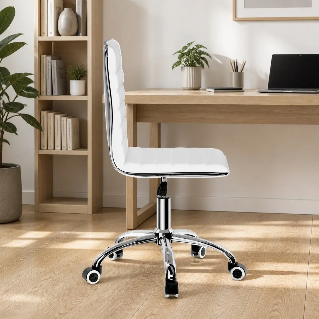 Office Chair Low Back Rotatable White PU Leather