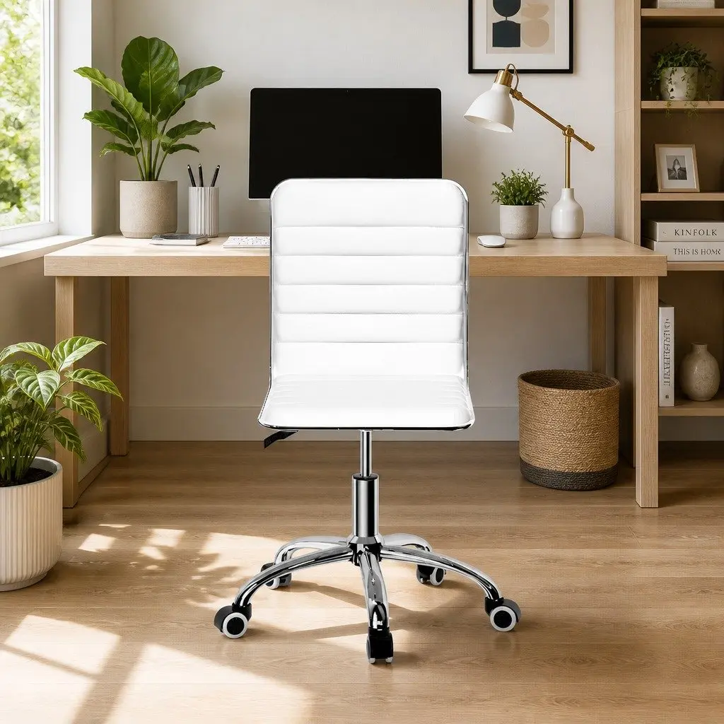 Office Chair Low Back Rotatable White PU Leather