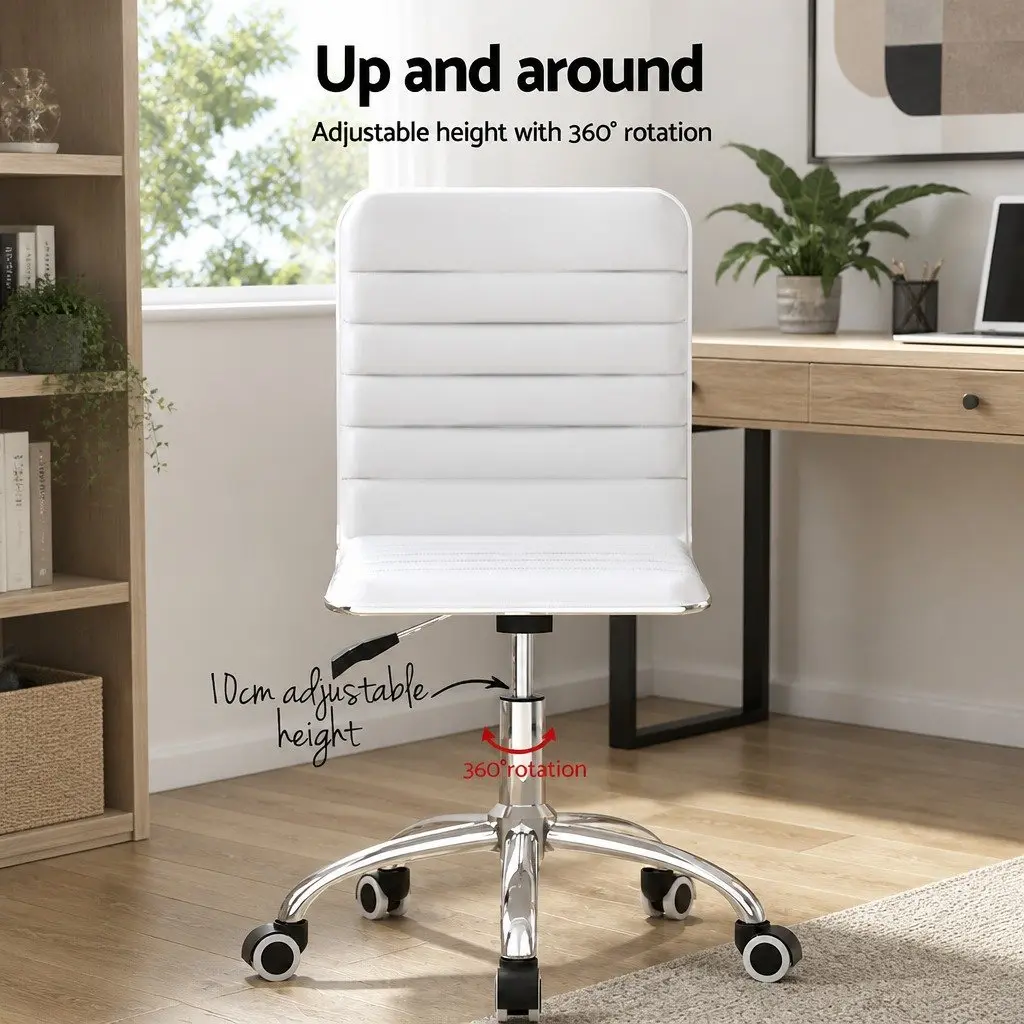 Office Chair Low Back Rotatable White PU Leather