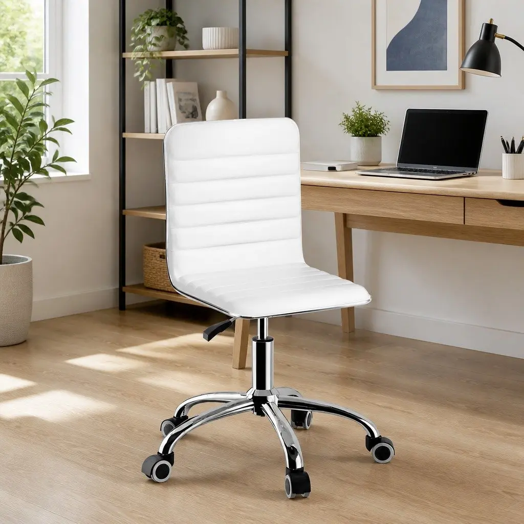 Office Chair Low Back Rotatable White PU Leather