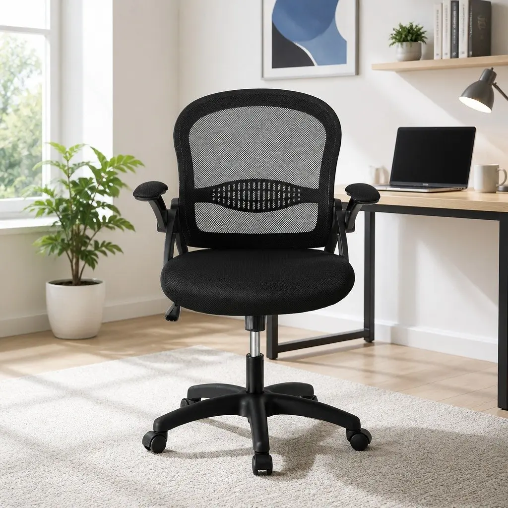 Mesh Office Chair Black Mid Back Adjustable Ergonomic Nylon Base