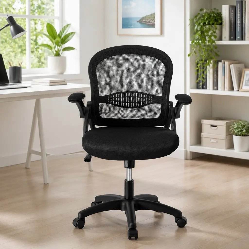 Mesh Office Chair Black Mid Back Adjustable Ergonomic Nylon Base