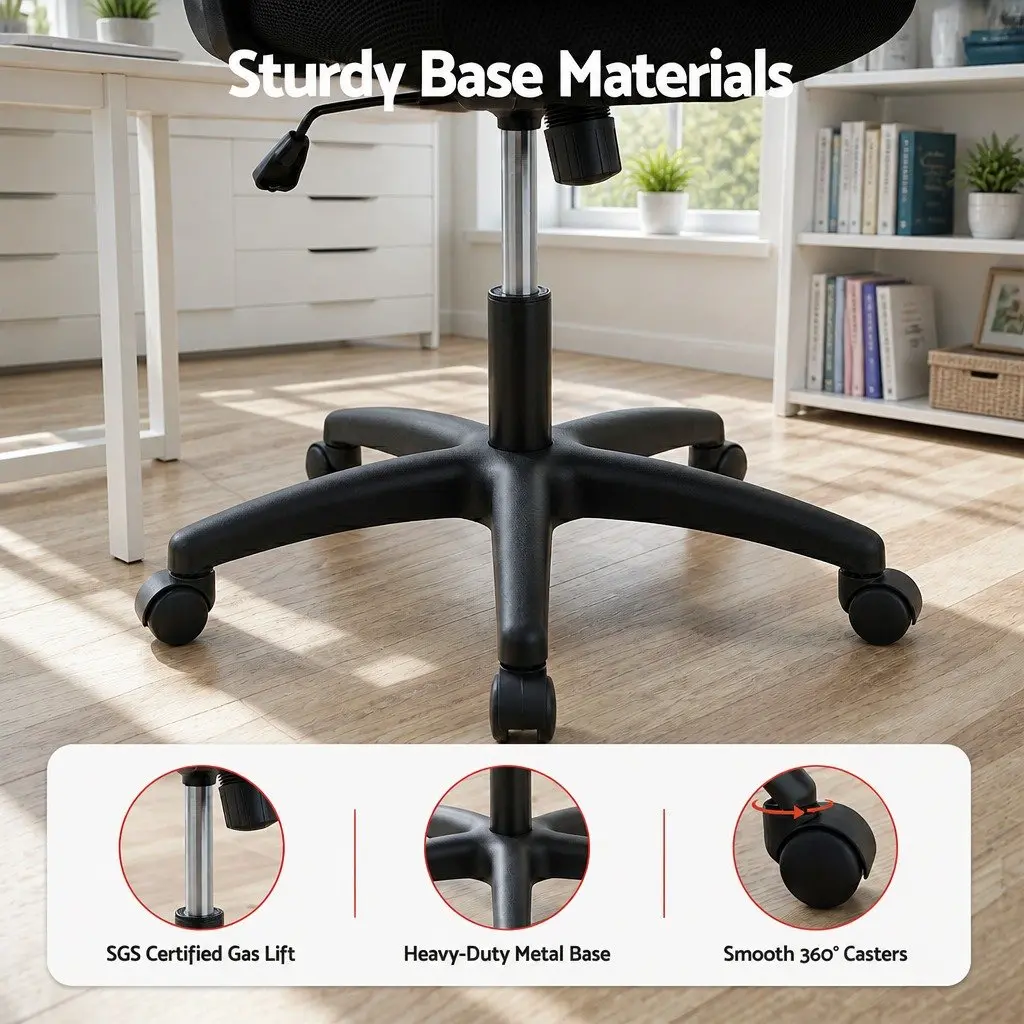Mesh Office Chair Black Mid Back Adjustable Ergonomic Nylon Base