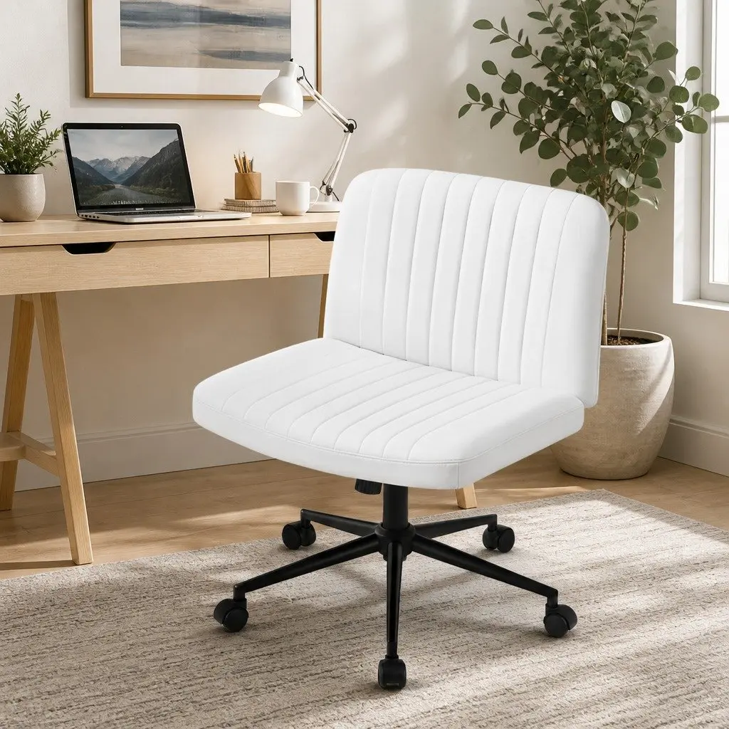 Office Chair Armless Swivel Desk Chair 74cm White PU Leather Metal
