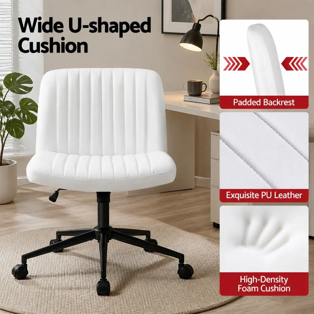 Office Chair Armless Swivel Desk Chair 74cm White PU Leather Metal
