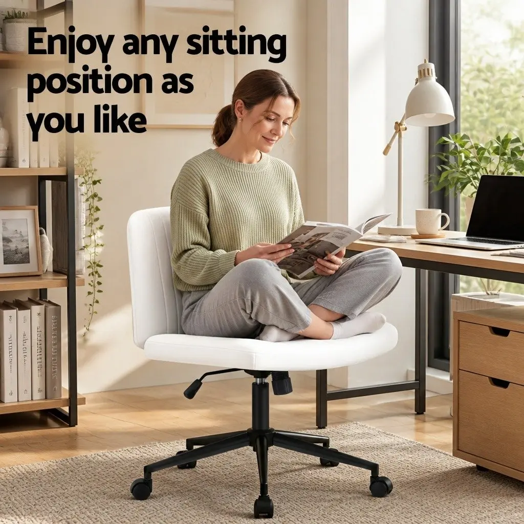 Office Chair Armless Swivel Desk Chair 74cm White PU Leather Metal