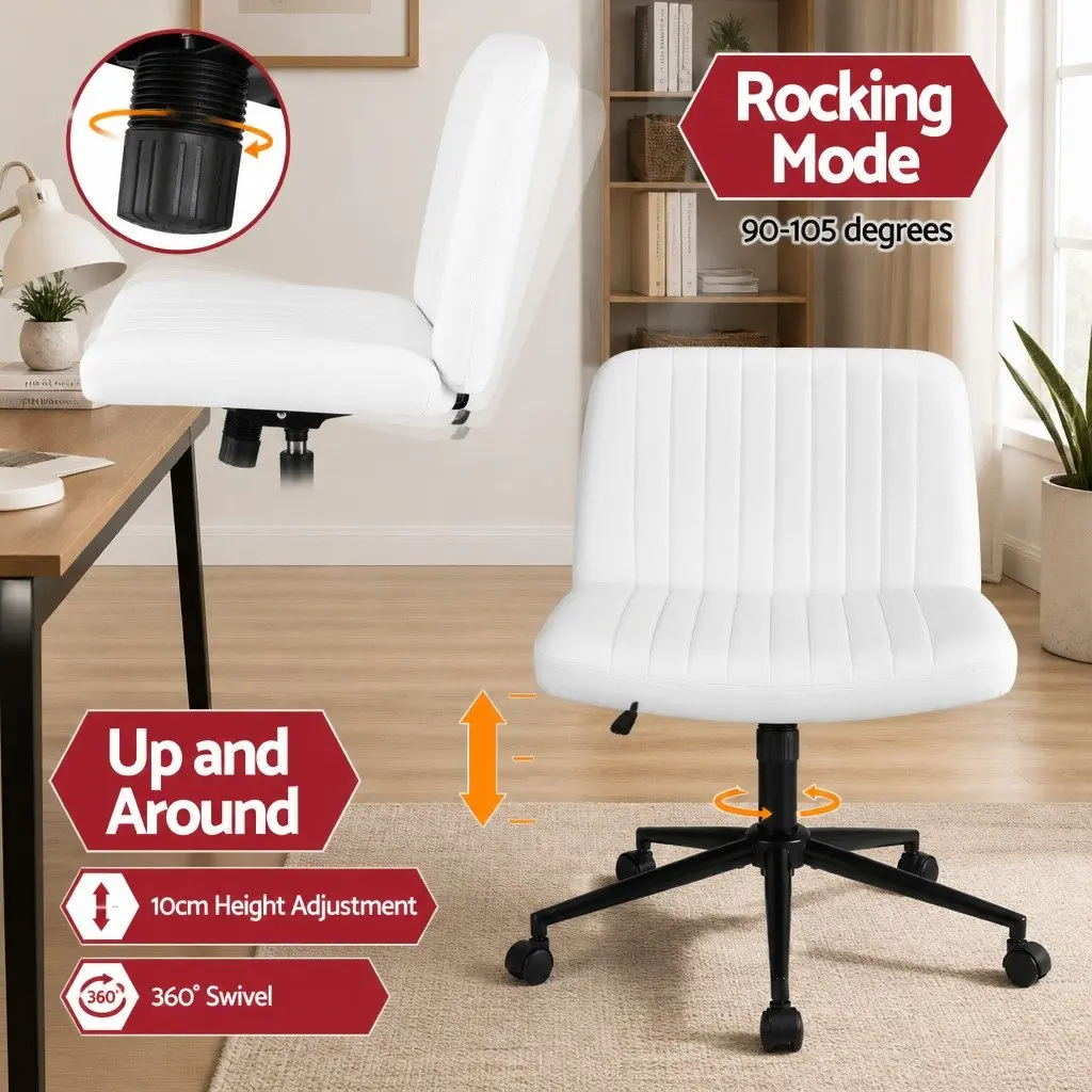 Office Chair Armless Swivel Desk Chair 74cm White PU Leather Metal