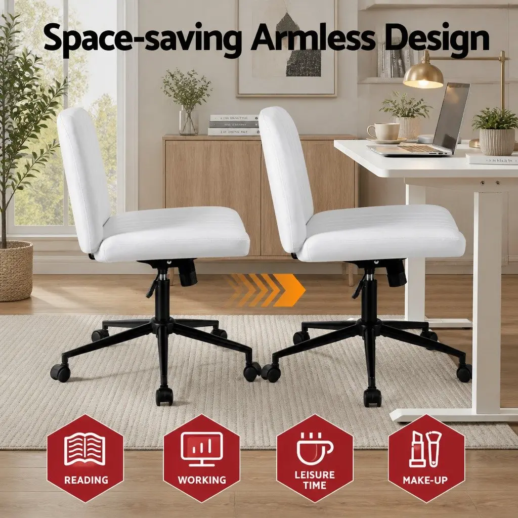 Office Chair Armless Swivel Desk Chair 74cm White PU Leather Metal