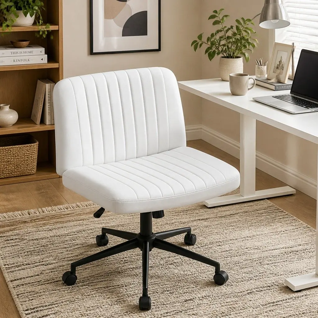 Office Chair Armless Swivel Desk Chair 74cm White PU Leather Metal