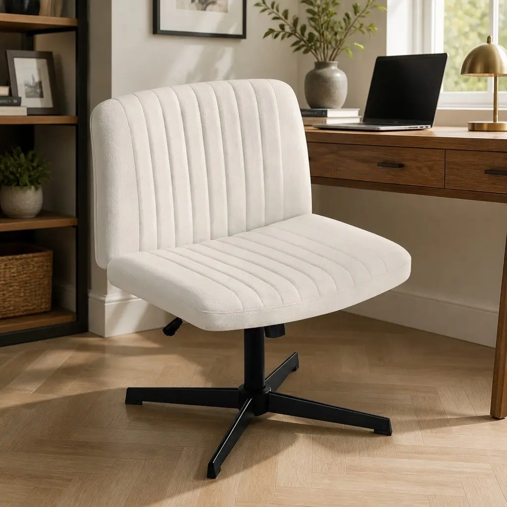 Criss Cross Armless Swivel Desk Chair in Beige Fabric