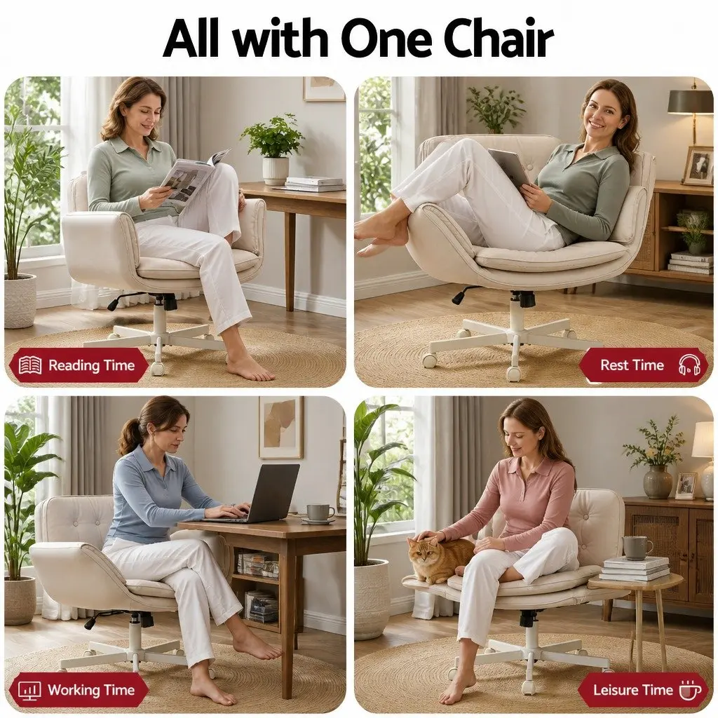 Criss Cross Office Chair Beige Adjustable Armrests Swivel Desk Chair PU Leather 72x72x80-90cm