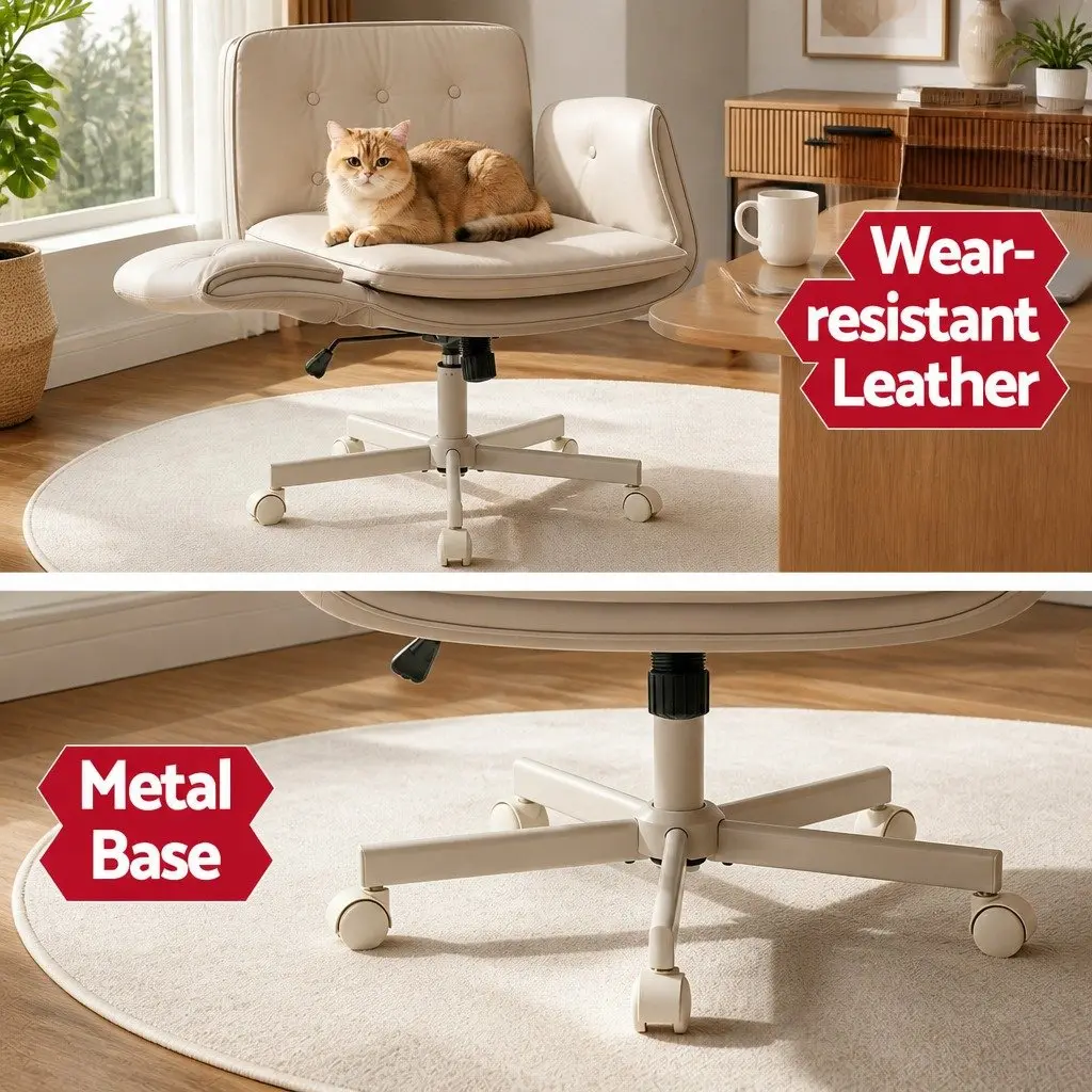 Criss Cross Office Chair Beige Adjustable Armrests Swivel Desk Chair PU Leather 72x72x80-90cm