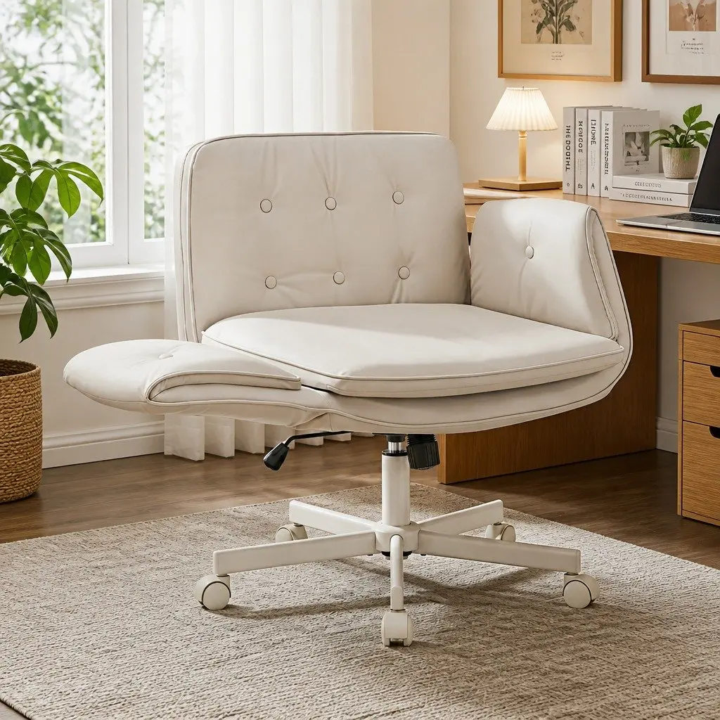 Criss Cross Office Chair Beige Adjustable Armrests Swivel Desk Chair PU Leather 72x72x80-90cm
